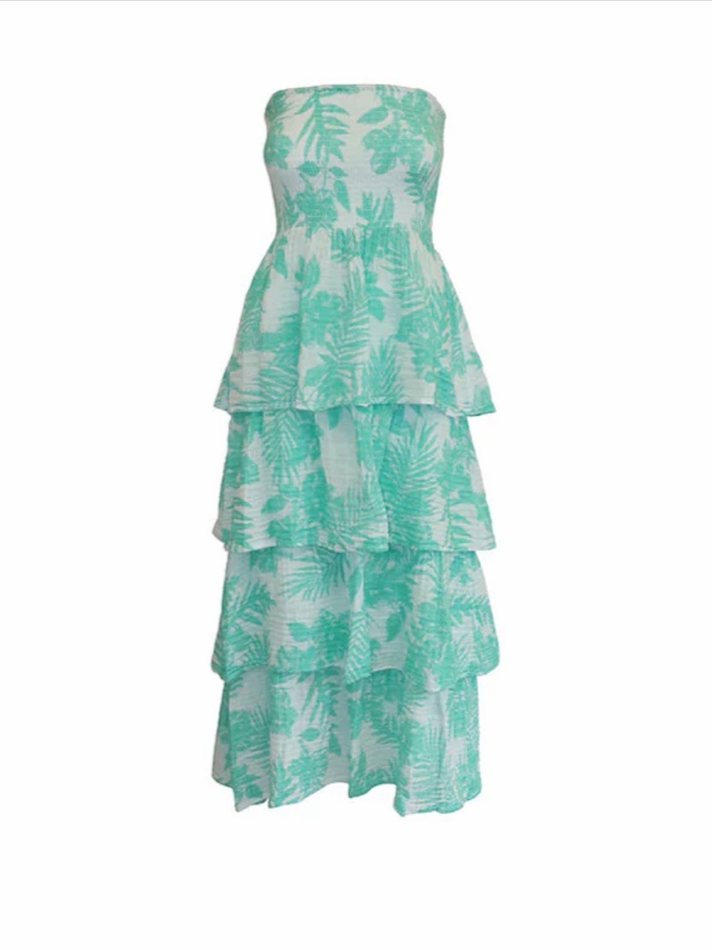 Felicite Strapless Tiered Maxi Dress in Mint Leaf Print